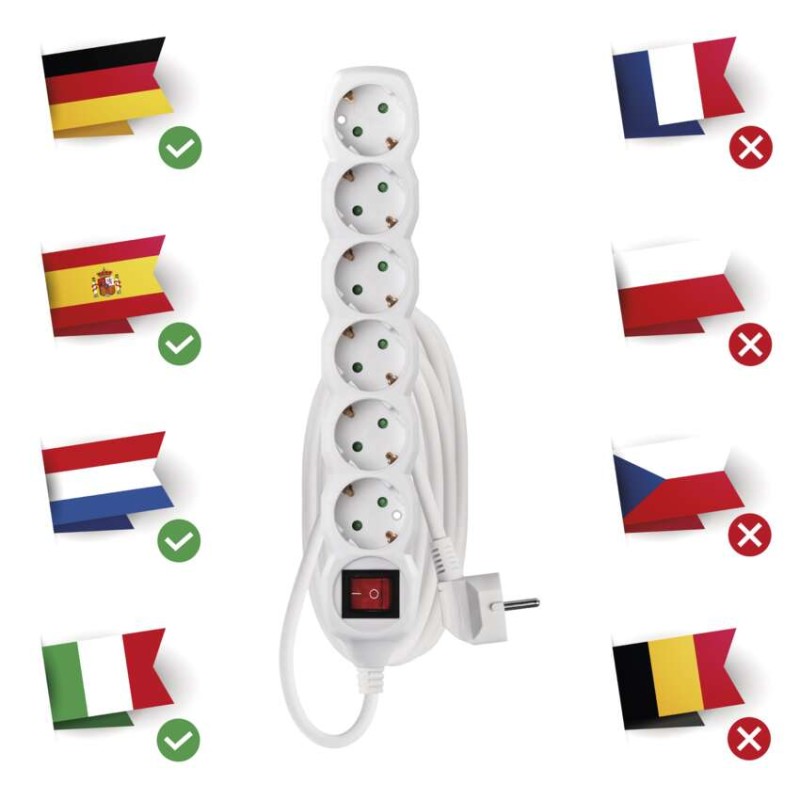 Hosszabbító 3 m / 6 aljzat / kapcsolós / fehér / PVC / 1,5 mm2