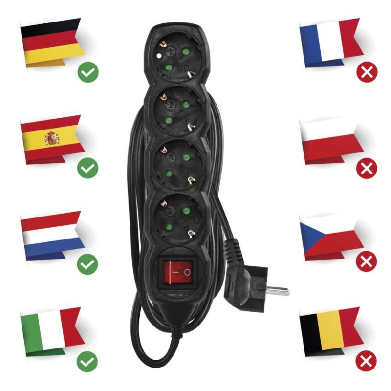 Hosszabbító 5 m / 4 aljzat / kapcsolós / fekete / PVC / 1,5 mm2