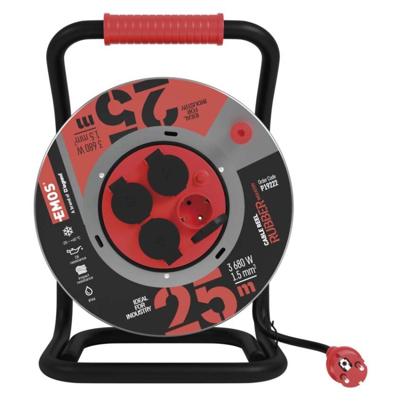 Kültéri kábeldob 25 m / 4 aljzat / fekete / gumi-neoprén / 230V / 1,5 mm2