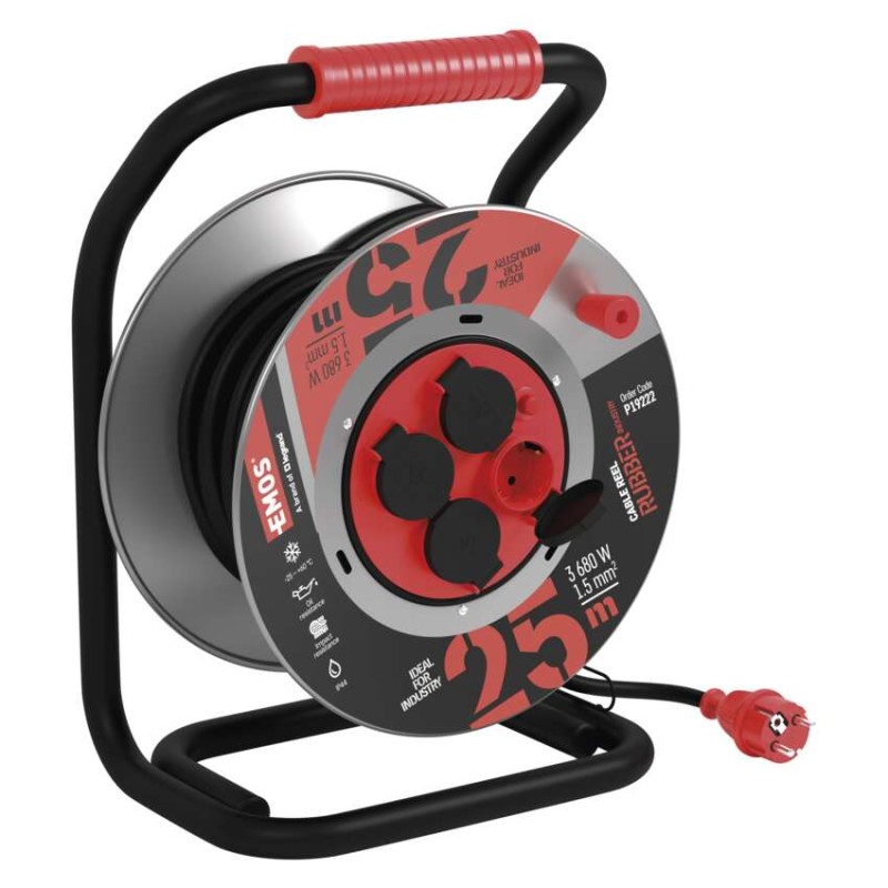 Kültéri kábeldob 25 m / 4 aljzat / fekete / gumi-neoprén / 230V / 1,5 mm2