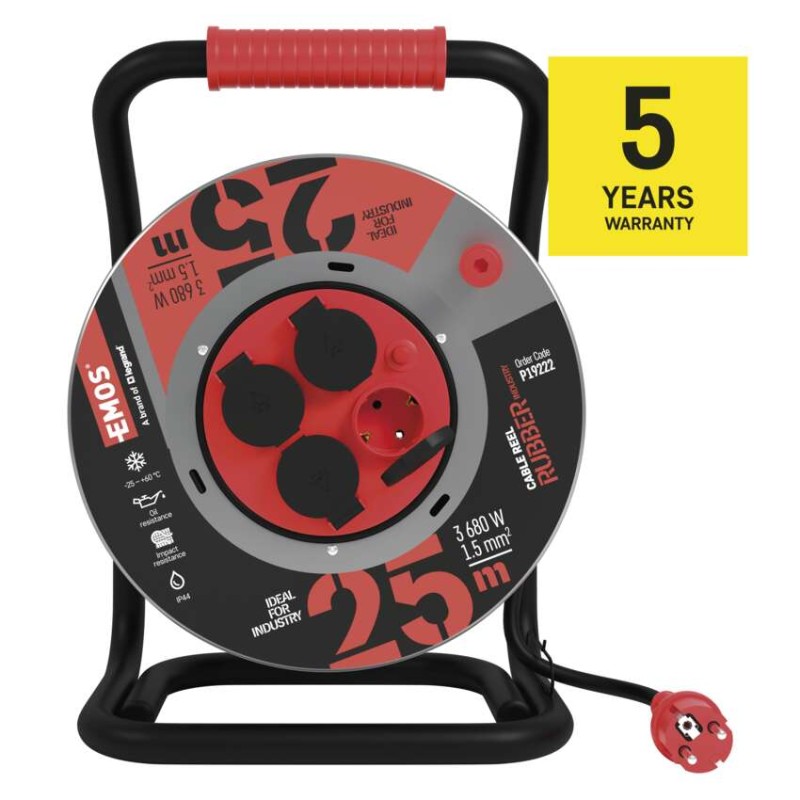 Kültéri kábeldob 25 m / 4 aljzat / fekete / gumi-neoprén / 230V / 1,5 mm2