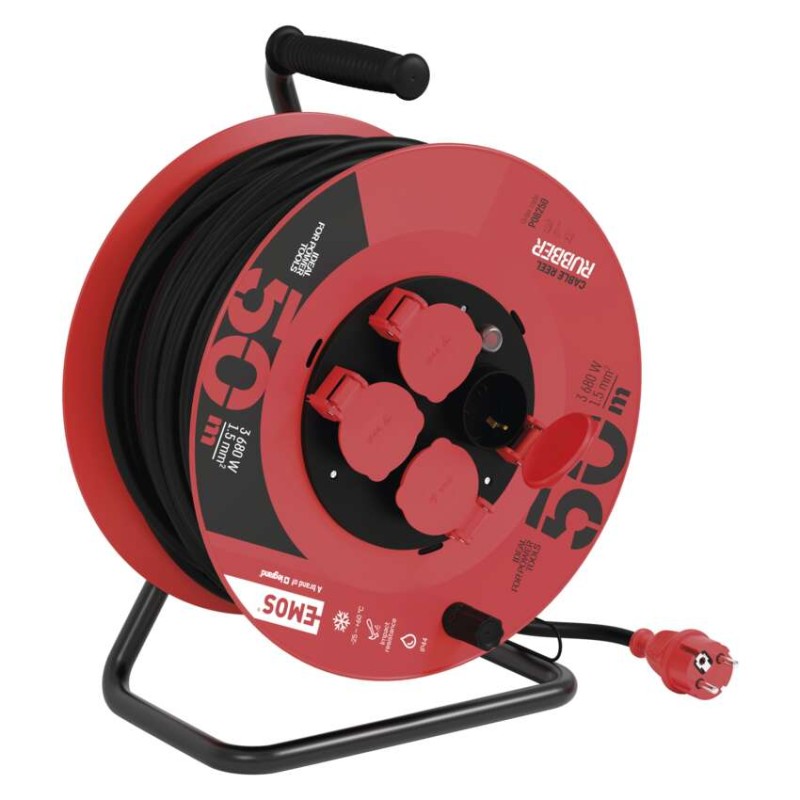 Kültéri kábeldob 50 m / 4 aljzat / fekete / gumi / 230 V / 1,5 mm2