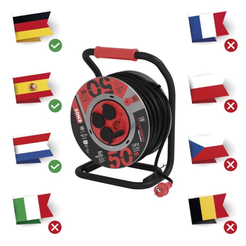 Kültéri kábeldob 50 m / 4 aljzat / fekete / gumi-neoprén / 230V / 1,5 mm2