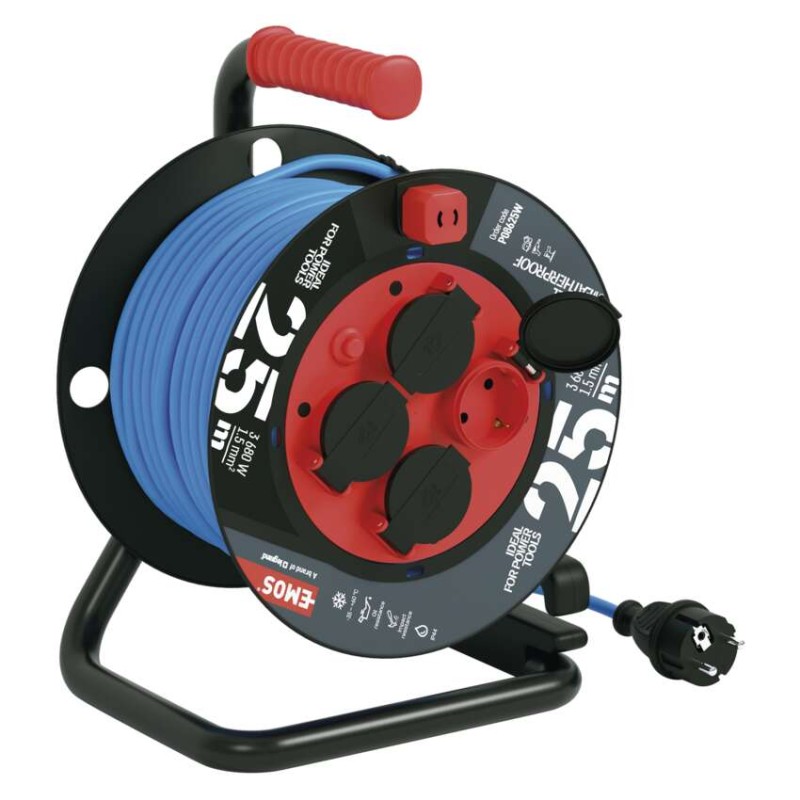 Fagyásálló kábeldob 25 m / 4 aljzat / kék / PVC / 230 V / 1,5 mm2