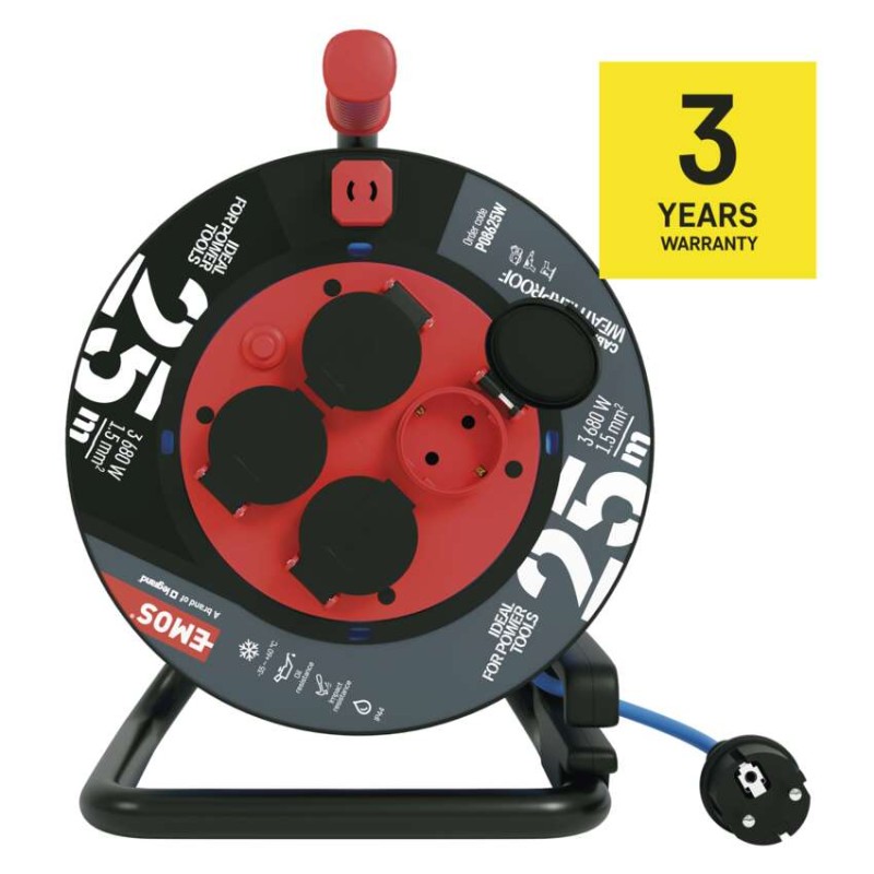 Fagyásálló kábeldob 25 m / 4 aljzat / kék / PVC / 230 V / 1,5 mm2