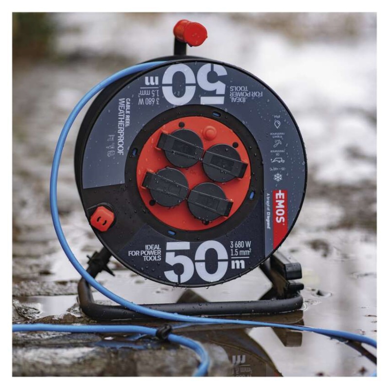 Fagyásálló kábeldob 50 m / 4 aljzat / kék / PVC / 230 V / 1,5 mm2