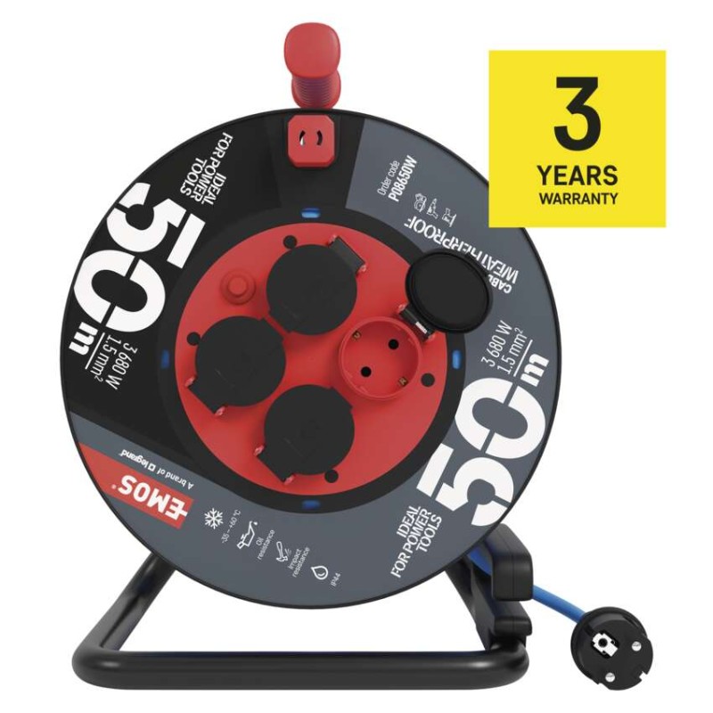 Fagyásálló kábeldob 50 m / 4 aljzat / kék / PVC / 230 V / 1,5 mm2