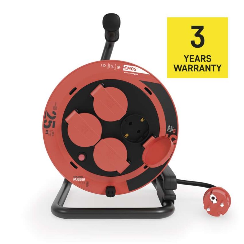 Kültéri kábeldob 25 m / 4 aljzat / fekete / gumi / 230V/400V / 1,0 mm2