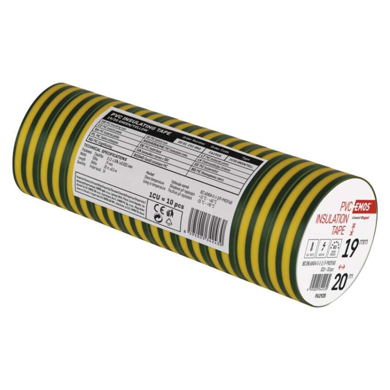 PVC-isoleerteip 19 mm / 20 m roheline / kollane, 10 tk