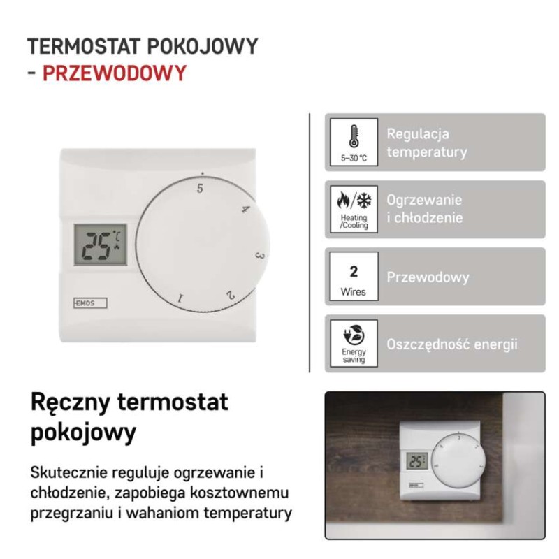 Ręczny termostat pokojowy, przewodowy, P5603R