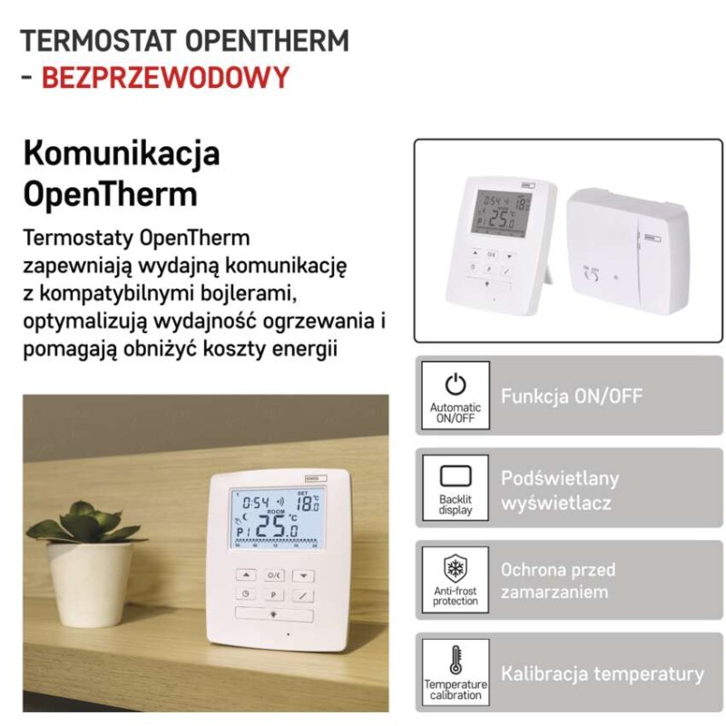 Termostat bezprzewodowy, pokojowy, programowalny z OpenTherm, P5611OT
