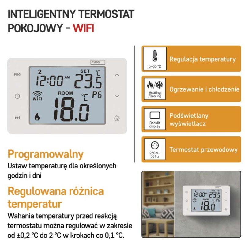 Inteligentny termostat pokojowy, przewodowy, GoSmart z WiFi, P56201