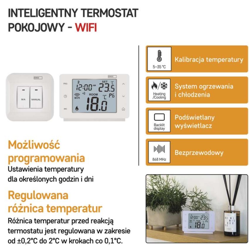 Inteligentny termostat pokojowy, bezprzewodowy, GoSmart z WiFi, P56211