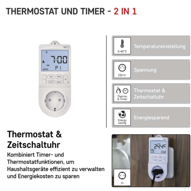 2in1 Steckdosenthermostat mit digitaler Zeitschaltuhr, schuko