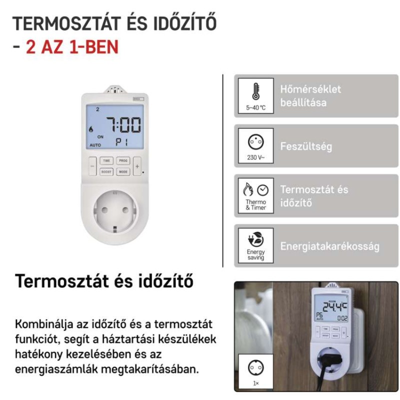 2 az 1-ben konnektoros, digitális termosztát időzítő funkcióval, schuko