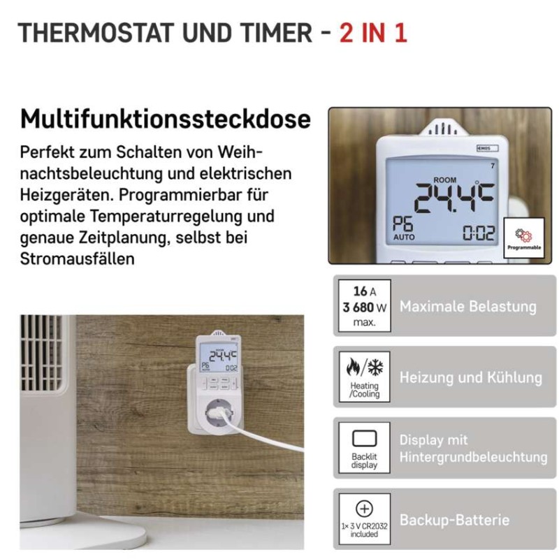2in1 Steckdosenthermostat mit digitaler Zeitschaltuhr, schuko