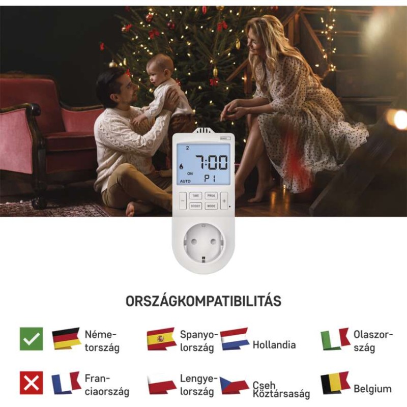 2 az 1-ben konnektoros, digitális termosztát időzítő funkcióval, schuko