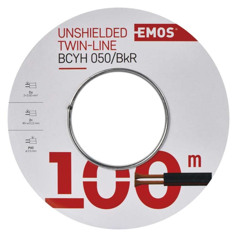Neekranuotas vytos poros kabelis 2x0,50 mm, juodas / raudonas, 100 m