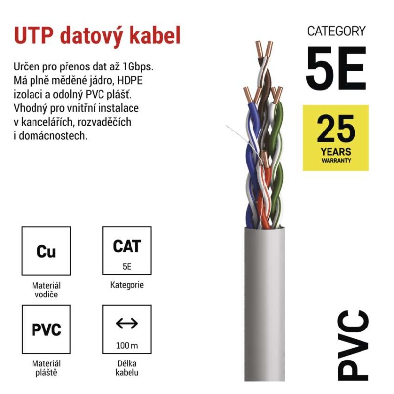 Datový kabel UTP CAT 5E PVC Basic, 100m
