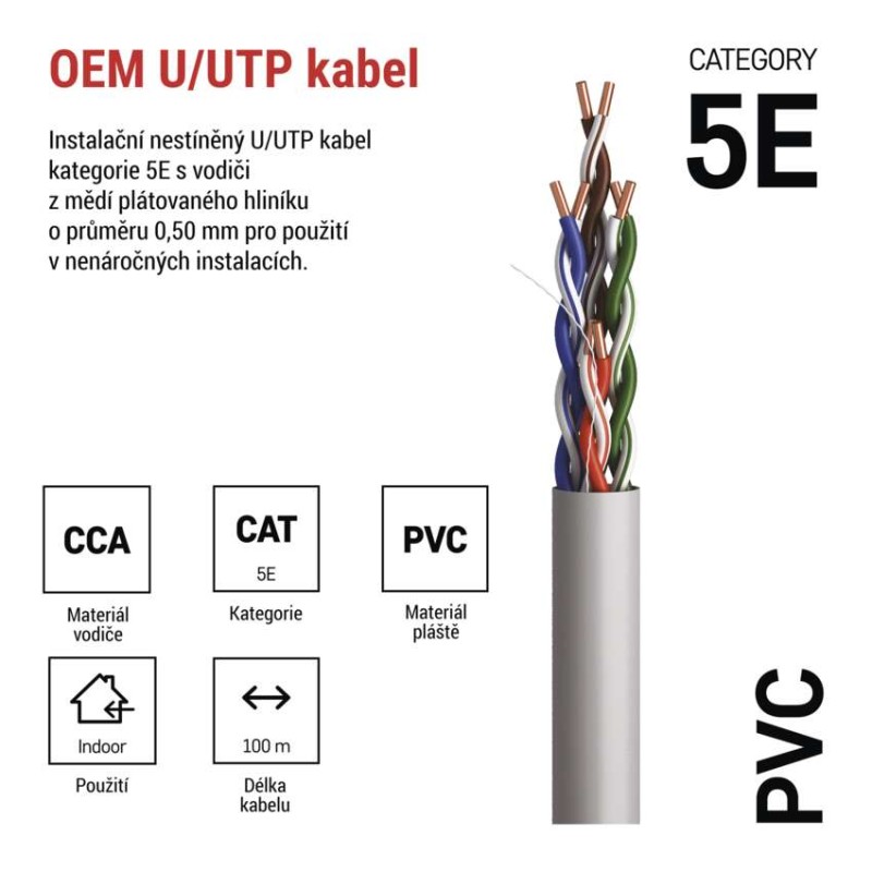 Datový kabel UTP CAT 5E PVC CCA, 100m