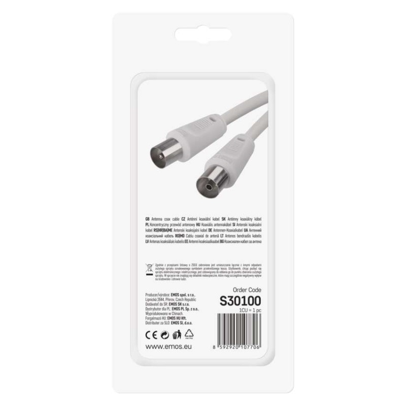 Antenas koaksiālais kabelis, ekranēts, 1,25 m, – taisns