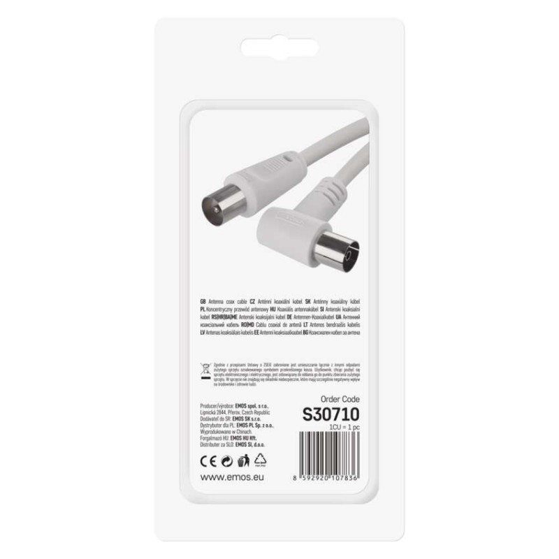 Antenas koaksiālais kabelis, ekranēts, 7,5 m, – leņķveida