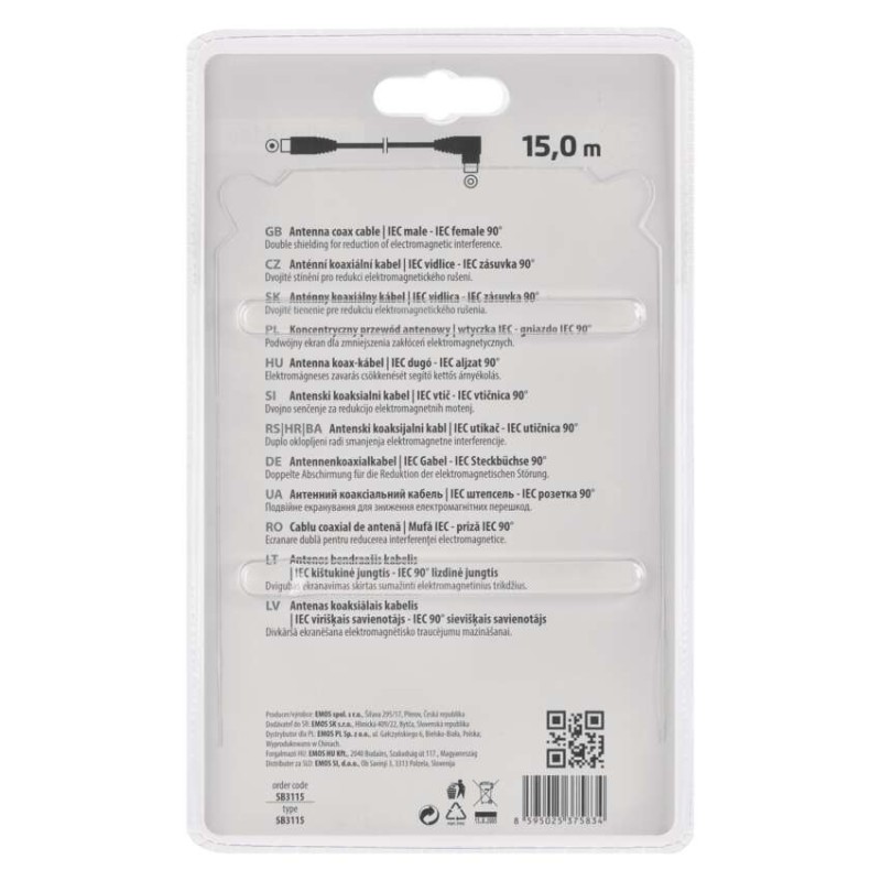 Anténní koaxiální kabel stíněný 15m - úhlová vidlice