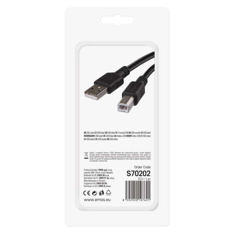 Przewód USB 2.0 wtyk A – wtyk B, 2m
