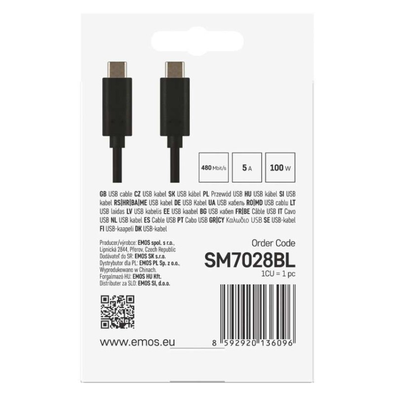 Kabel USB 2.0, wtyk C - C, szybkie ładowanie, transmisja danych, 1 m, czarny