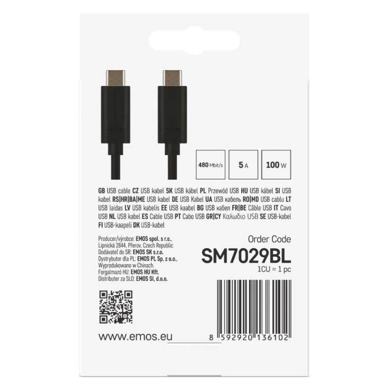 Kabel USB 2.0, wtyk C - C, szybkie ładowanie, transmisja danych, 2 m, czarny