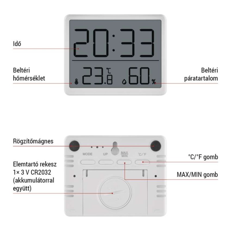 Digitális hőmérő páratartalom-mérővel, vezeték nélküli érzékelővel, óra, dátum E6210