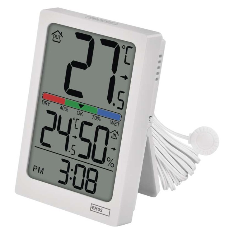 Digitālais termometrs ar mitruma mērītāju, vadu sensors, modinātājs E0558P