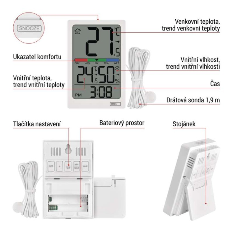 Digitální teploměr s vlhkoměrem, drátové čidlo, budík E0558P