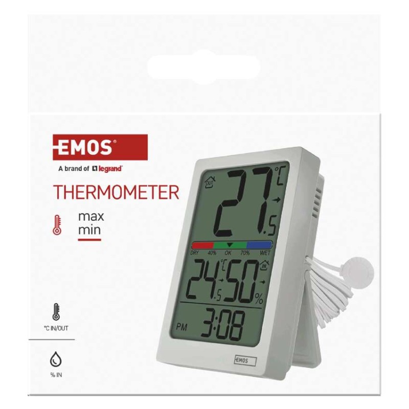 Digitālais termometrs ar mitruma mērītāju, vadu sensors, modinātājs E0558P