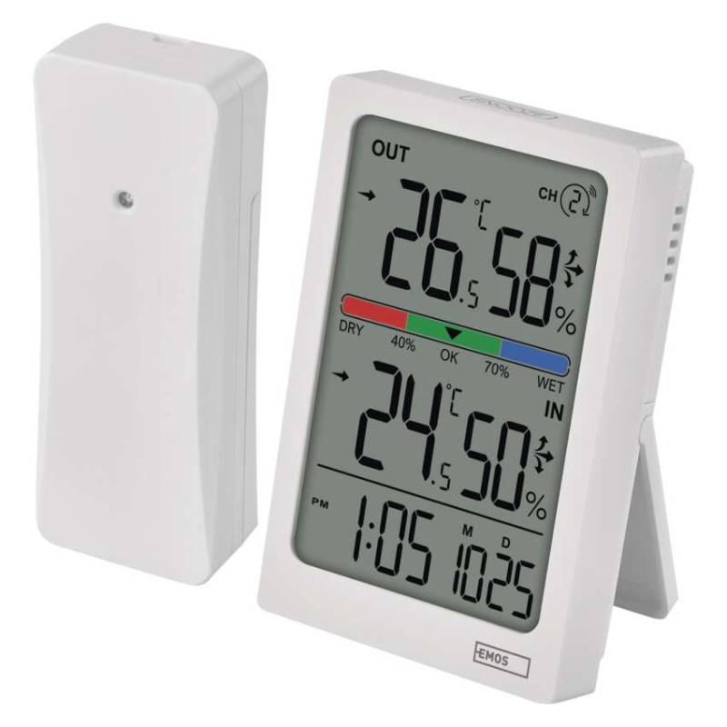 Digitális hőmérő páratartalom-mérővel, vezeték nélküli érzékelővel, óra, dátum E0558W