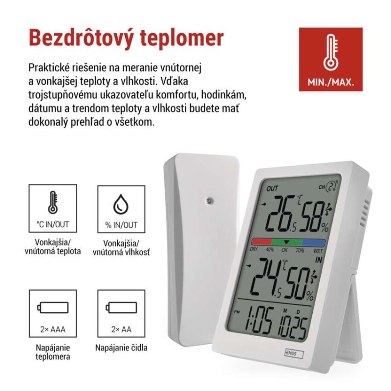 Digitálny teplomer s vlhkomerom, bezdrôtový snímač, budík, dátum E0558W