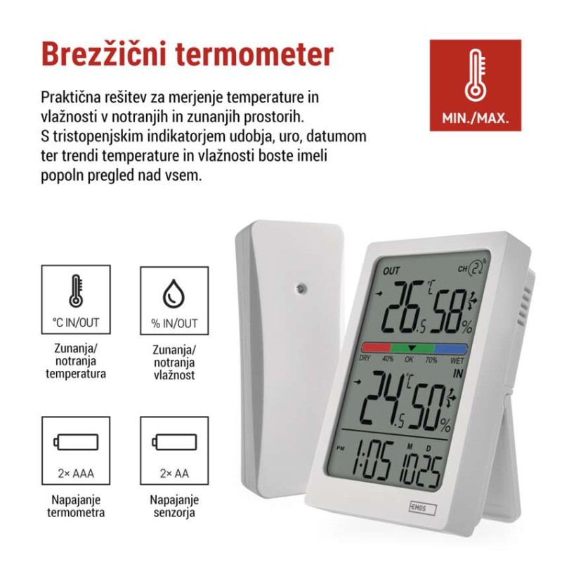 Digitalni termometer s hidrometrom, brezžični senzor, budilka, datum E0558W