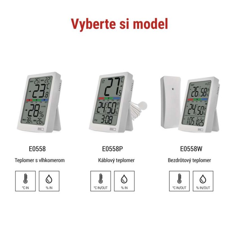 Digitálny teplomer s vlhkomerom, bezdrôtový snímač, budík, dátum E0558W