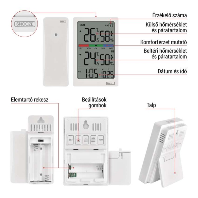 Digitális hőmérő páratartalom-mérővel, vezeték nélküli érzékelővel, óra, dátum E0558W