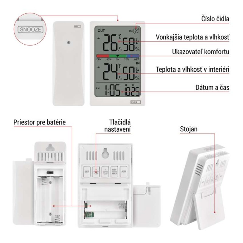 Digitálny teplomer s vlhkomerom, bezdrôtový snímač, budík, dátum E0558W