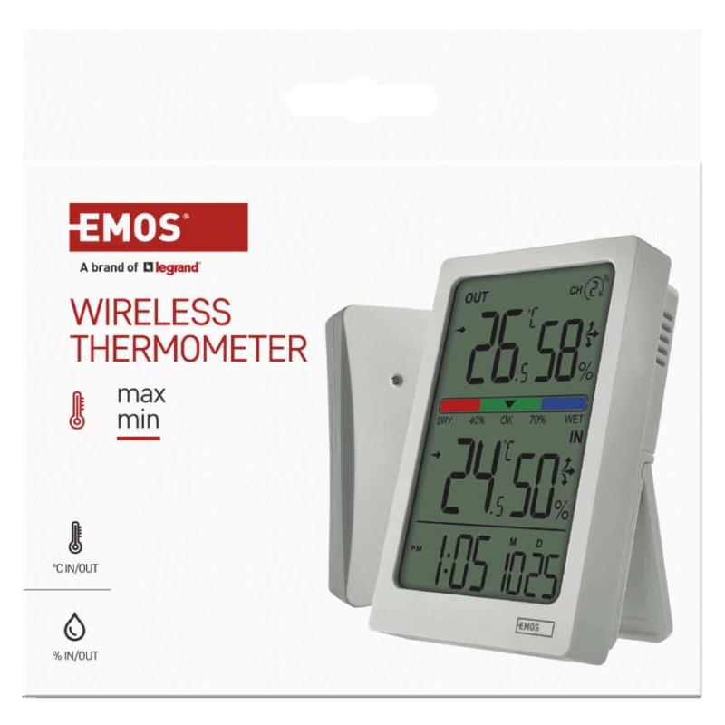 Digitális hőmérő páratartalom-mérővel, vezeték nélküli érzékelővel, óra, dátum E0558W