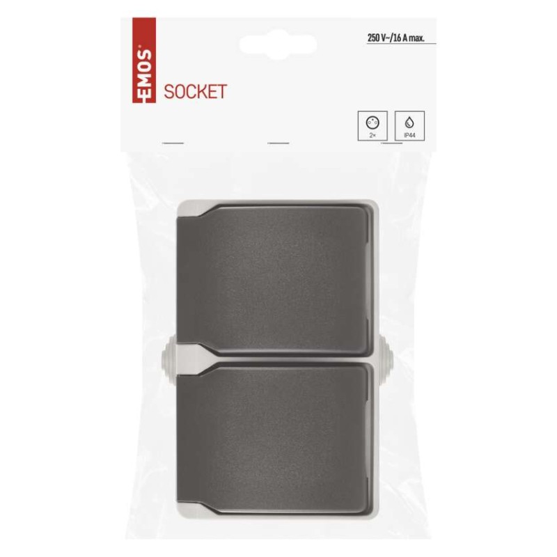 Zásuvka nástěnná dvojitá, šedo-černá, IP44