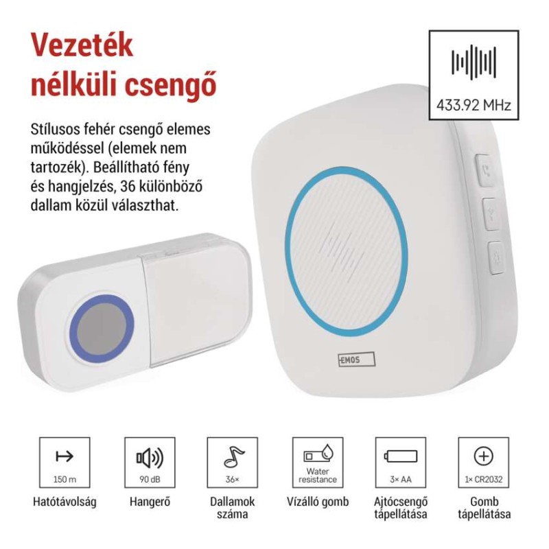 Vezeték nélküli csengő P5736, 3× AA