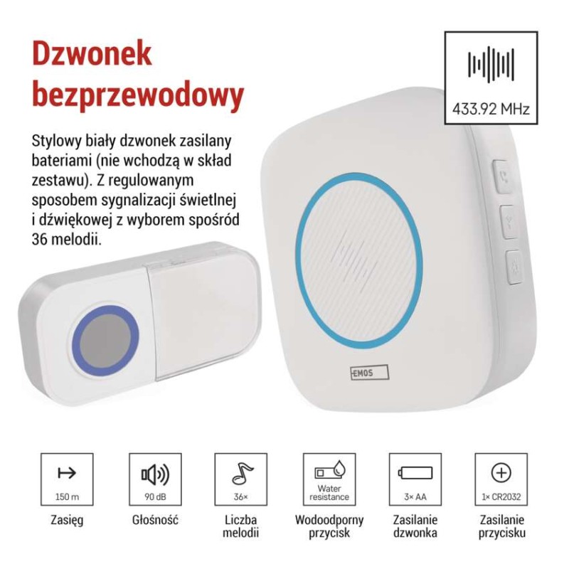 Dzwonek bezprzewodowy DC P5736, 3× AA