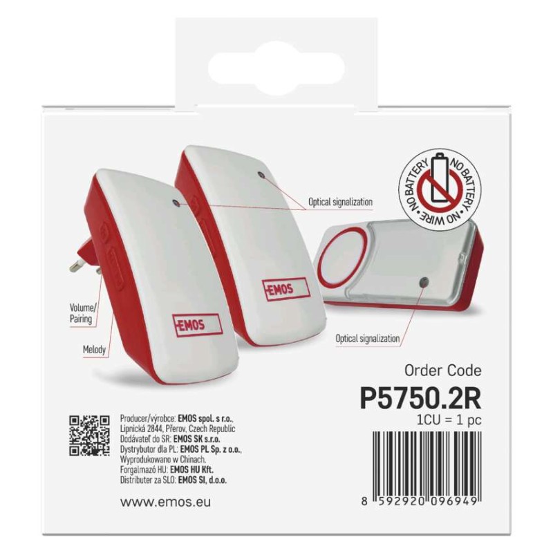 Bezbateriový domovní bezdrátový zvonek P5750.2R do zásuvky