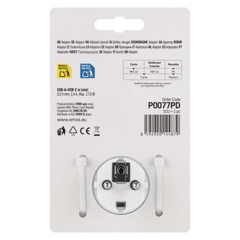 Aljzat elágazó 2×, 1×USB-A+1×USB-C, fehér-szürke