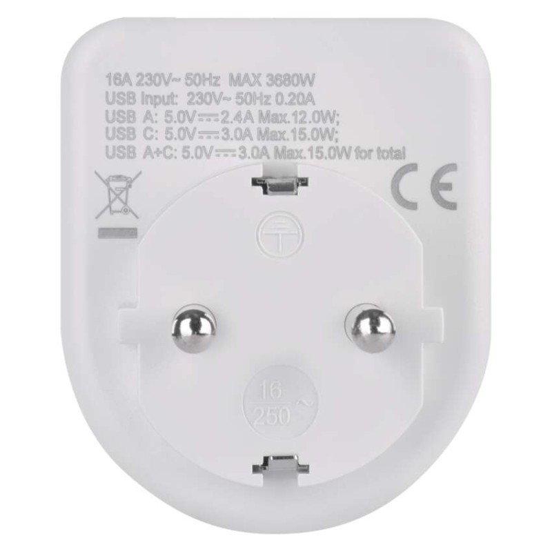 Aljzat elágazó 1×, 1×USB-A+1×USB-C, fehér