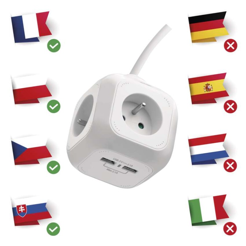 Predlžovací kábel - kocka 1,9 m / 4 zásuvky / biely / PVC / s USB / 1 mm2