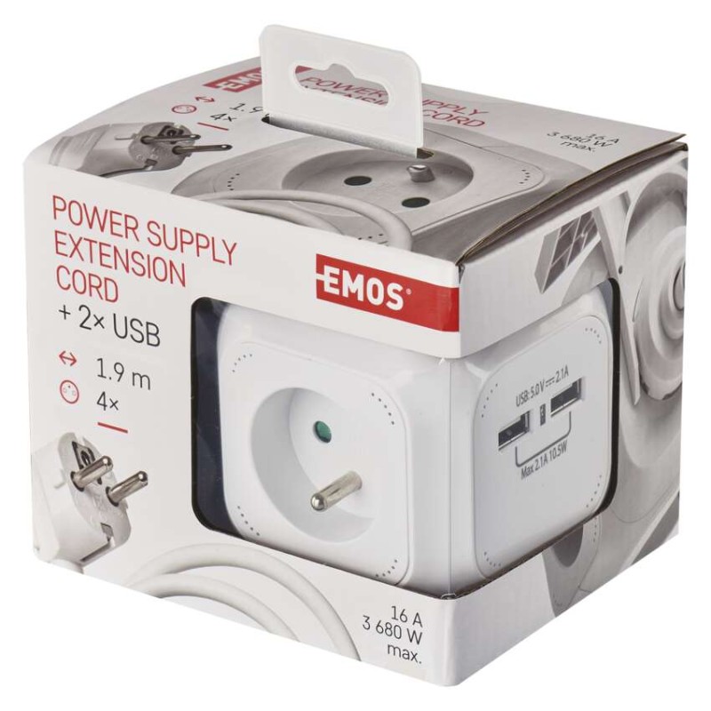 Predlžovací kábel - kocka 1,9 m / 4 zásuvky / biely / PVC / s USB / 1 mm2