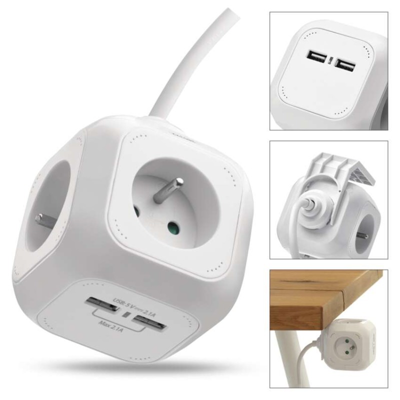 Predlžovací kábel - kocka 1,9 m / 4 zásuvky / biely / PVC / s USB / 1 mm2